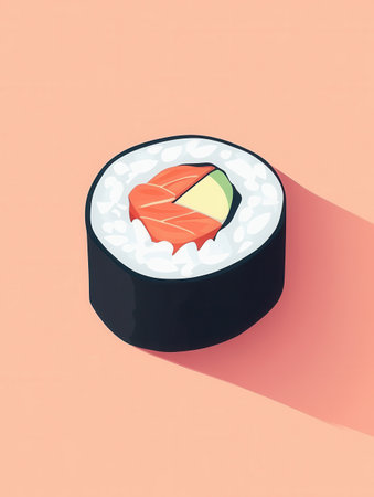 Sushi roll icon highlights the essence of Japanese cuisine through a minimalistic design featuring pastel colors and appealing visual aestheticsの素材