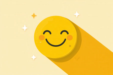 A minimalist icon shows a bright yellow smiling face on a soft yellow background, emphasizing joy with a clean, shiny design.の素材