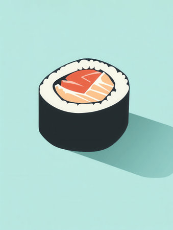 Stylized sushi roll design featuring salmon inside a clean and minimal aesthetic, perfect for branding in the culinary sector with pastel colors.の素材