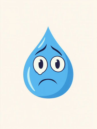 Blue water drop character with eyes shows a sad expression, illustrating feelings of sadness related to water scarcity or pollution issues.の素材