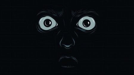 A minimalist icon reveals a dark face with wide fearful eyes, creating an unsettling atmosphere through stark monochrome contrast.の素材