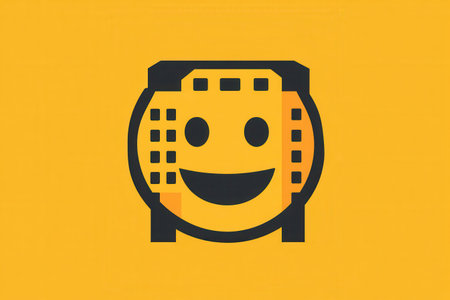 Bright yellow minimalist icon showcases a smiling face in flat design, conveying happiness and friendliness in a simple, modern manner.の素材