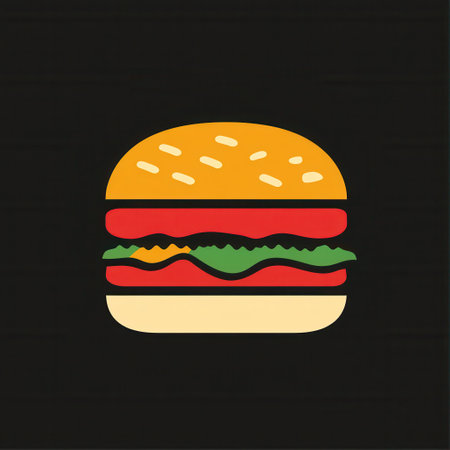 Flat burger logo showcases a minimalist design with bold colors, ideal for a fast food brand looking to attract attention.の素材