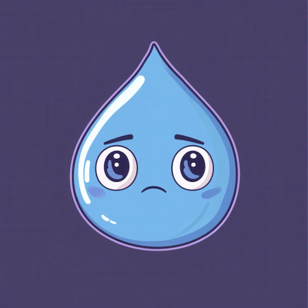 Minimalist representation of a sad blue water drop with big eyes, evoking feelings of melancholy in a simple and clear design.の素材