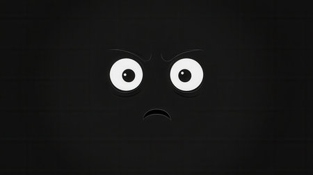 A dark, minimalist face with large, fearful eyes captures a sense of unease in a striking monochrome style.の素材