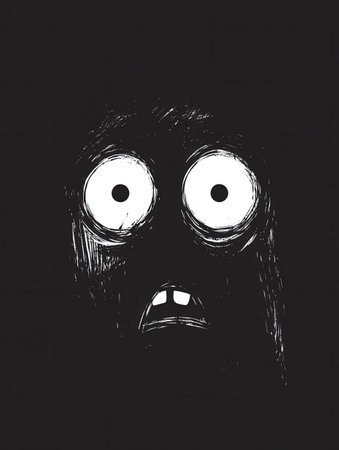 A dark face featuring wide fearful eyes conveys an unsettling emotion through stark monochrome contrast that captures attention immediately.の素材