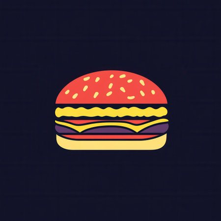 This flat burger icon showcases a vibrant design, perfect for fast food branding with a playful and clean aesthetic.の素材