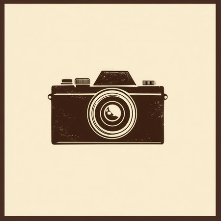 Silhouette of a vintage camera presented in flat design featuring warm tones, capturing a nostalgic essence in a minimalist artwork.の素材
