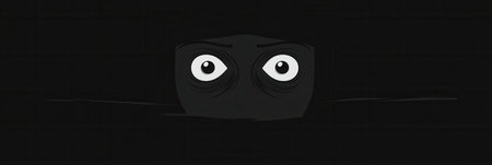 A dark face with wide, fearful eyes creates a haunting atmosphere, showcasing minimalist design and eerie monochrome tones that captivate the viewer.の素材