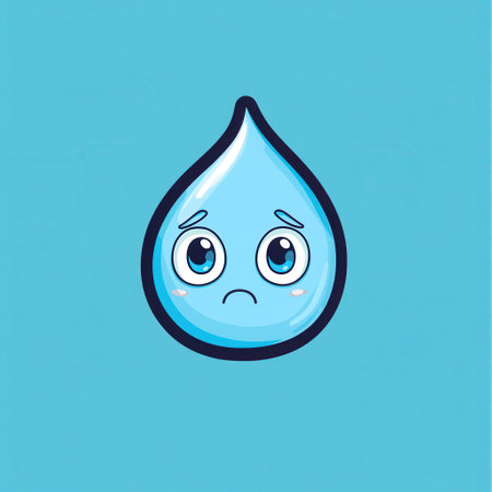 A sad blue water drop character with expressive eyes conveys feelings of sadness against a vibrant background, showing a minimalist design.の素材
