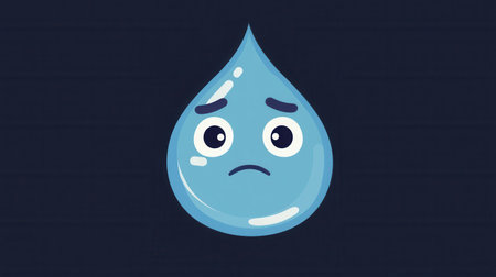 A minimalist icon features a sad blue water drop with expressive eyes, conveying emotions through its simple style against a dark backdrop.の素材