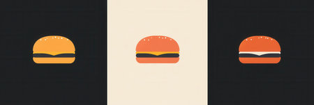 A minimalist burger icon logo showcases a playful design with bold colors ideal for fast food branding and marketing materials.の素材