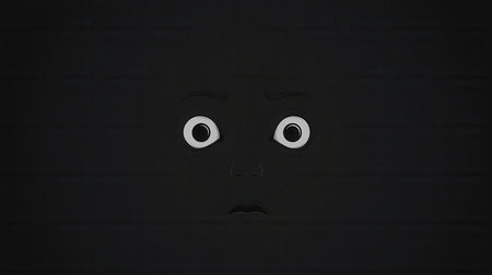 An unsettling dark face with wide, fearful eyes appears in a stark monochrome setting, evoking a sense of unease and tension.の素材