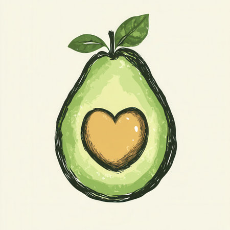 This artwork displays a hand drawn avocado with a heart shaped seed, emphasizing a fresh and organic theme in a simple yet artistic manner.の素材