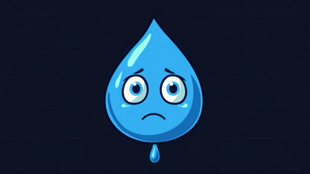 A sad blue water drop displays a frown and tearful eyes, capturing the essence of sadness in a minimalist design style with bold colors.の素材