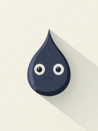 Minimalist blue water drop with a sad expression and eyes conveys feelings of sorrow in a simple design against a plain background.の素材
