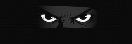 A minimalist depiction emphasizes a dark face with wide fearful eyes, creating an unsettling atmosphere through stark monochrome contrast.の素材