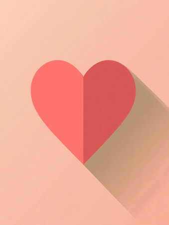 Simple heart icon designed with flat elements and warm pink shades, complemented by gentle shadows, perfect for digital or print applications.の素材