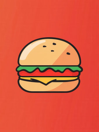 Bright and cheerful burger icon featuring layers of lettuce, cheese, and tomato, designed to attract attention in a playful fast food environment.の素材