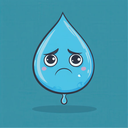A minimalist blue water drop with sad eyes conveys emotion through its design, showing a simple and engaging style.の素材