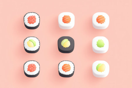 Collection of flat sushi roll icons presented in a minimal design, emphasizing pastel colors and showing various sushi types for food branding.の素材