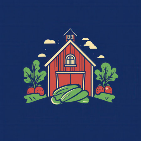 Rustic barn stands at the center, embraced by vibrant vegetables and greenery, showing the essence of farm fresh produce and modern aesthetics.の素材