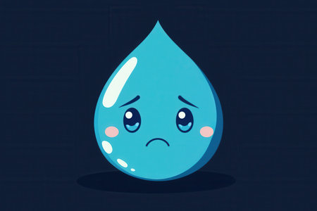 A blue water drop with eyes displays a sad expression, characterized by a minimalist design that evokes feelings of melancholy and solitude.の素材
