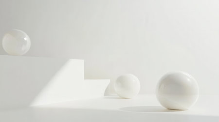Minimalist design showcases floating shapes casting soft shadows against a bright background, highlighting elegant light reflections and depth.の素材