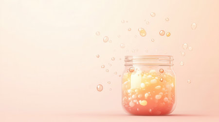 A clean, abstract jar filled with bubbling liquid symbolizes the essence of fermentation and probiotic food branding.の素材