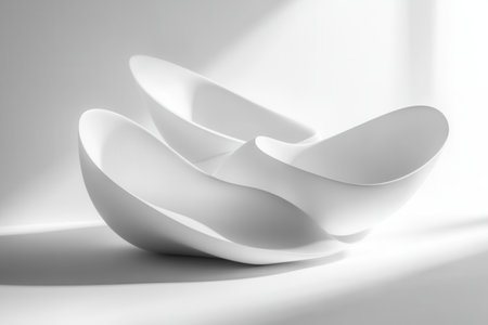 Minimalist 3D shapes interact dynamically, casting soft shadows and reflecting light, evoking a futuristic ambiance on a clean white surface.の素材