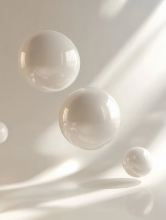 Minimalist 3D shapes hover gracefully above a smooth surface, casting soft shadows and highlighting elegant light reflections in a serene atmosphere.の素材