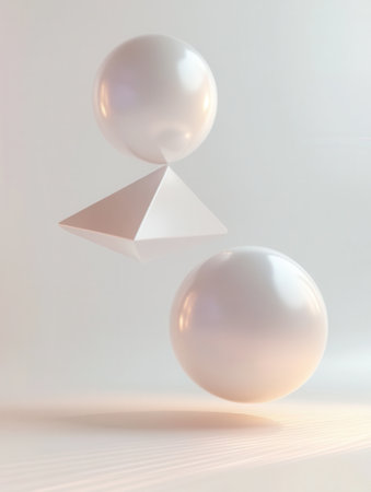 Floating spherical and pyramid shapes exhibit a sleek, futuristic design against a soft white backdrop, highlighted by elegant light reflections.の素材