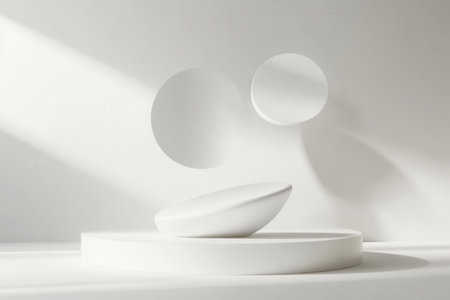 Elegant floating shapes create a serene composition with soft shadows and reflections, highlighting modern aesthetics against a white backdrop.の素材