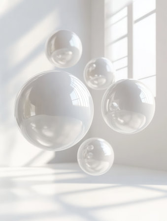Minimalist design showcases translucent floating shapes casting soft shadows against a bright white background, enhancing the elegant ambiance.の素材