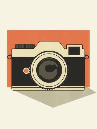 A vintage camera silhouette in warm colors evokes nostalgia for classic photography with its stylish flat design.の素材