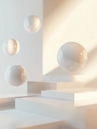 Soft shadows and reflections enhance 3D shapes in a minimalist white setting, evoking tranquility and elegance.の素材