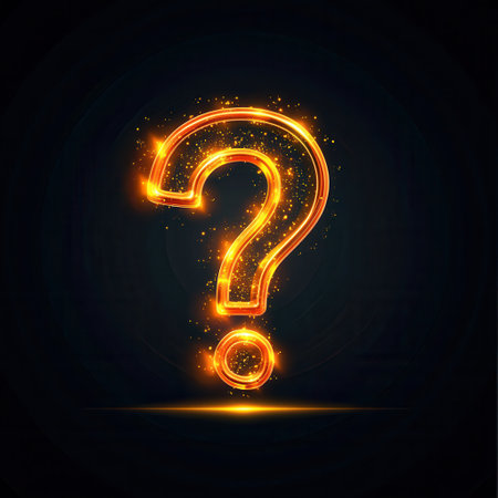 Bright glowing question mark icon against a dark backdrop, showcasing a minimalist design with an engaging modern flair and bursts of light.の素材