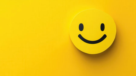 Bright yellow minimalist smiling face creates a cheerful ambiance, emphasizing joy and positivity in a simple flat design.の素材