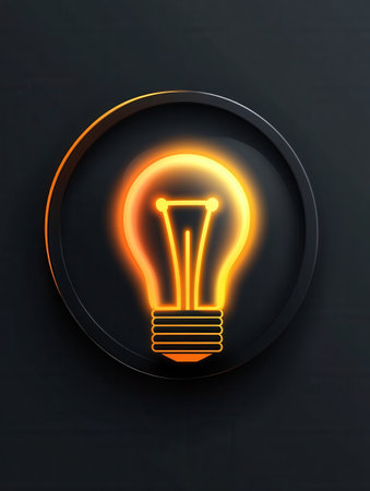 A bright yellow light bulb icon shines in a minimalist design, showcasing clean lines and a modern style against a dark backdrop.の素材