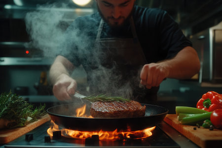 In a lively restaurant kitchen, a cook skillfully sears a steak with rosemary, surrounded by fresh vegetables and herbs on the cutting board.の素材