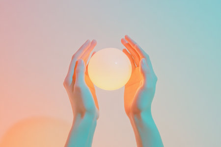 Gentle hands present a luminous orb, surrounded by soft pastel colors blending serene peach and light blue hues, inviting reflection.の素材