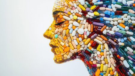 An intricate mosaic design showcases a human silhouette made of various colorful pills, arranged in a highly creative manner.の素材