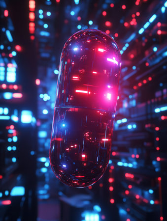 A neon colored pill hovers in a dark void, illuminated by vibrant, glowing lights that create a high tech sci fi atmosphere.の素材