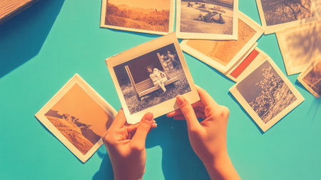 Hands hold carefully an old photograph surrounded by other vintage pictures, creating a heartfelt and sentimental atmosphere of memories.の素材