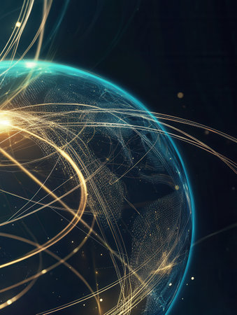 Stylized globe with interconnected glowing lines reflects international relations in a modern abstract background featuring blue and gold hues.の素材
