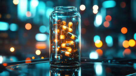 A transparent pill bottle of glowing capsules stands out against a vibrant cyberpunk scene, showing cutting edge technology.の素材