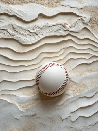 A baseball sits at the focal point of a sandy field, showcasing detailed textures and leaving room for messages above it.の素材