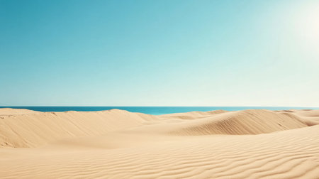 Soft sand dunes stretch along the coast under a clear blue sky, inviting visitors to enjoy the serene beach atmosphere and ocean views.の素材