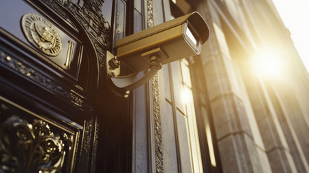 Security measures at the bank entrance highlight a reliable structure, featuring a prominent security camera and safe design elements.の素材