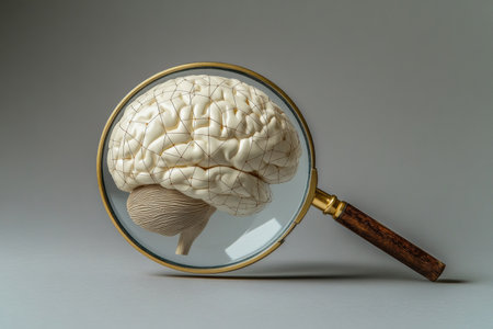 A magnifying glass reveals a detailed AI brain network, symbolizing the need for transparency and oversight in artificial intelligence development.の素材